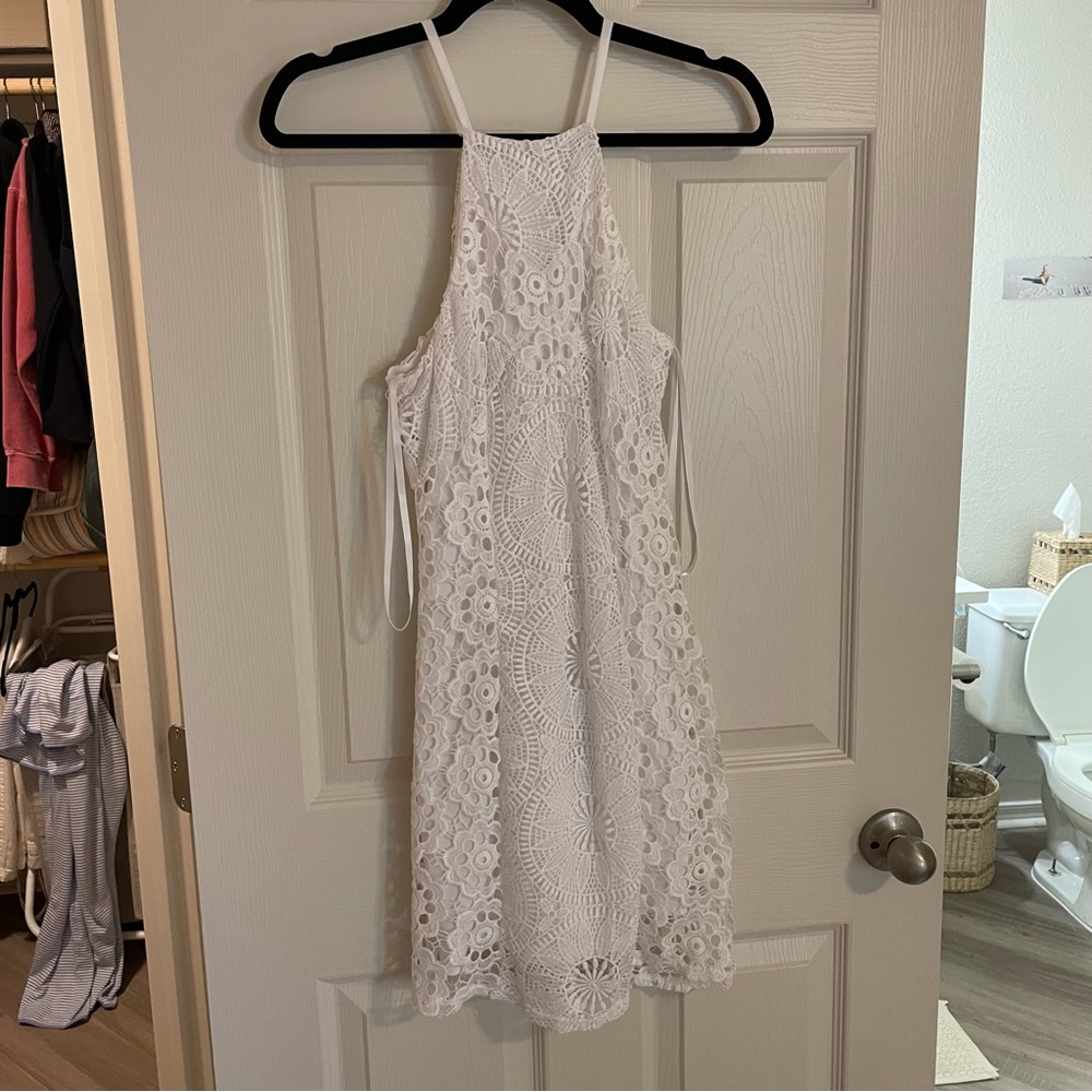 Francesca’s Lace Eyelet White High Neck Dress